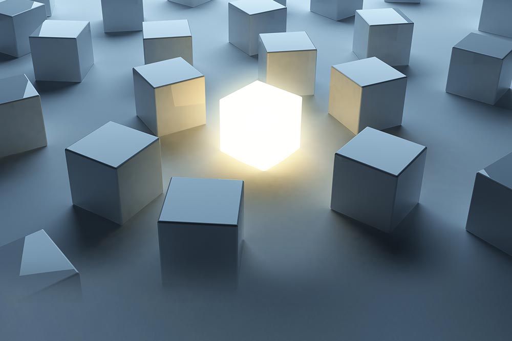 a group of cubes with one light shining